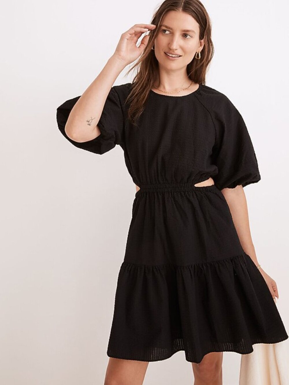 Madewell Seersucker Puff-Sleeve Cutout Mini Dress in Black - sz XL